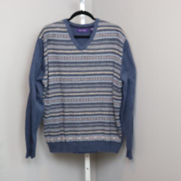 Alan Flusser Men’s Cotton Sweater Blue Fair Isle Stripe XL - Picture 1 of 6